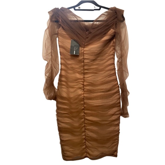 NWT Fashion Nova Ruched And Ready Bandage Midi Dress - Taupe Size Large - Picture 3 of 4